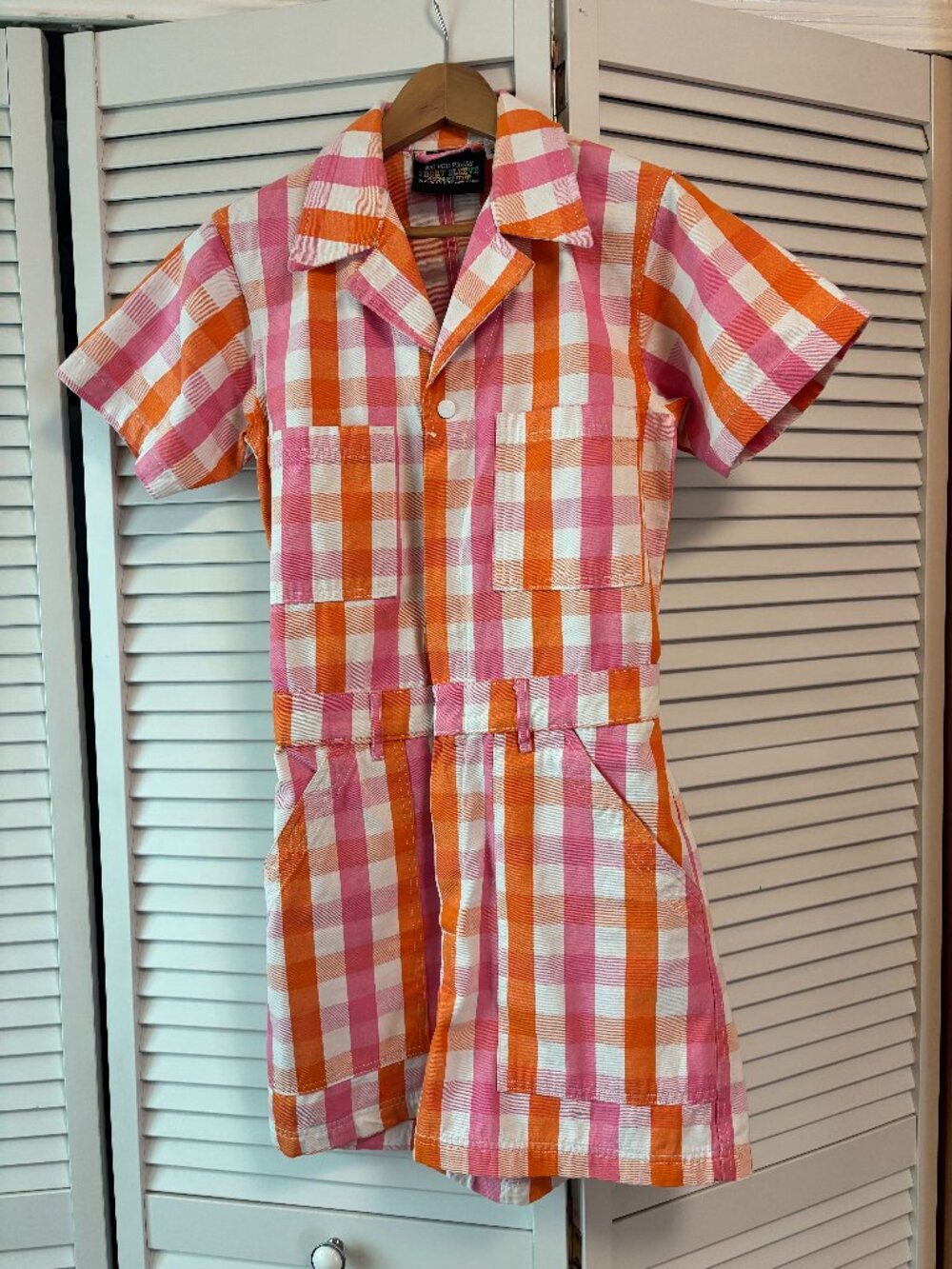 Big Bud Press - Romper - Pink & Orange Gingham - Size S - Short Sleeve + Shorts